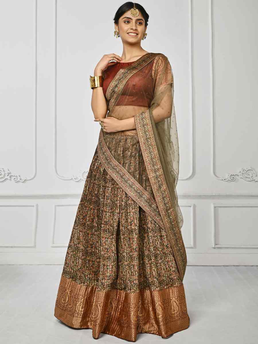 Multi Pure Silk Printed Mehendi Festival Circular Lehenga Choli