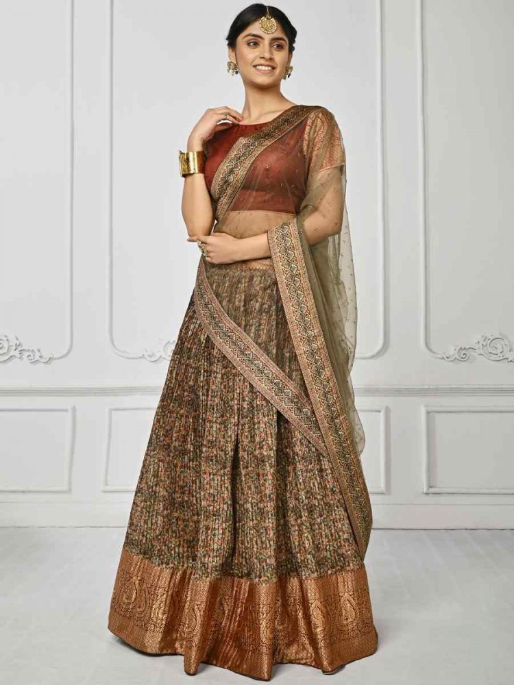 Multi Pure Silk Printed Mehendi Festival Circular Lehenga Choli