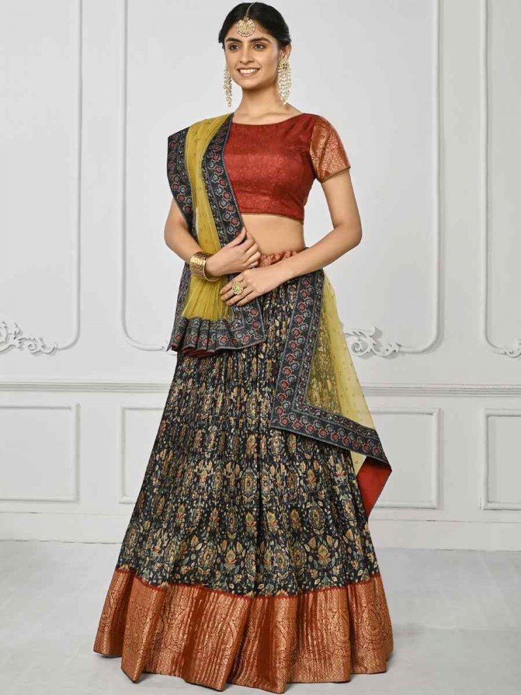 Multi Pure Silk Printed Mehendi Festival Circular Lehenga Choli