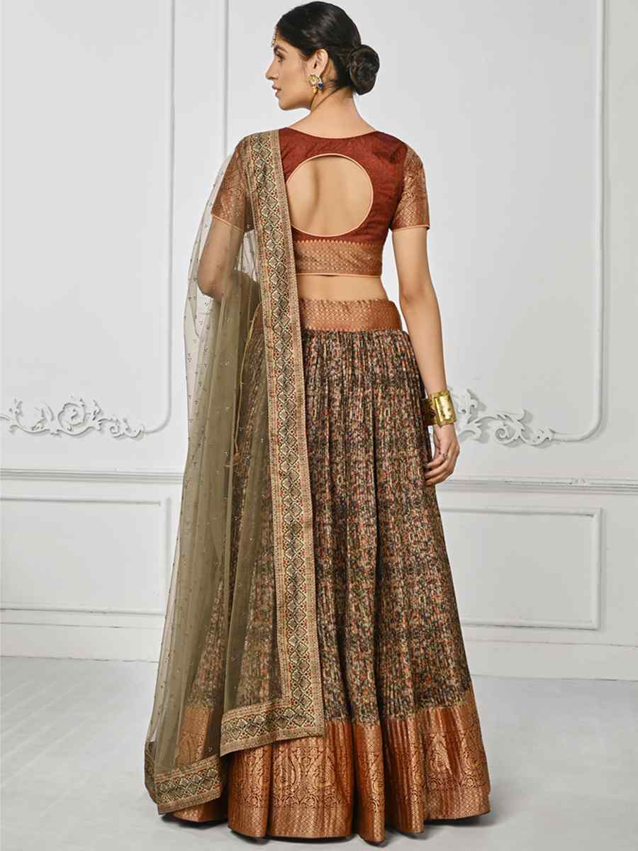 Multi Pure Silk Printed Mehendi Festival Circular Lehenga Choli