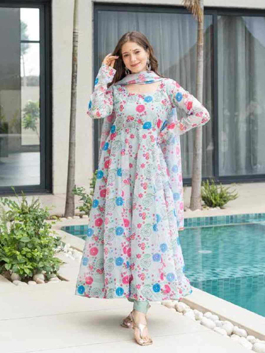 Multi Pure Soft Organza Printed Party Wedding Festival Casual Ready Anarkali Salwar Kameez