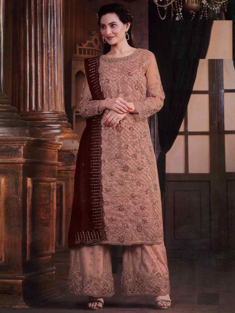 Peach Net Embroidered Festival Casual Ready Palazzo Pant Salwar Kameez