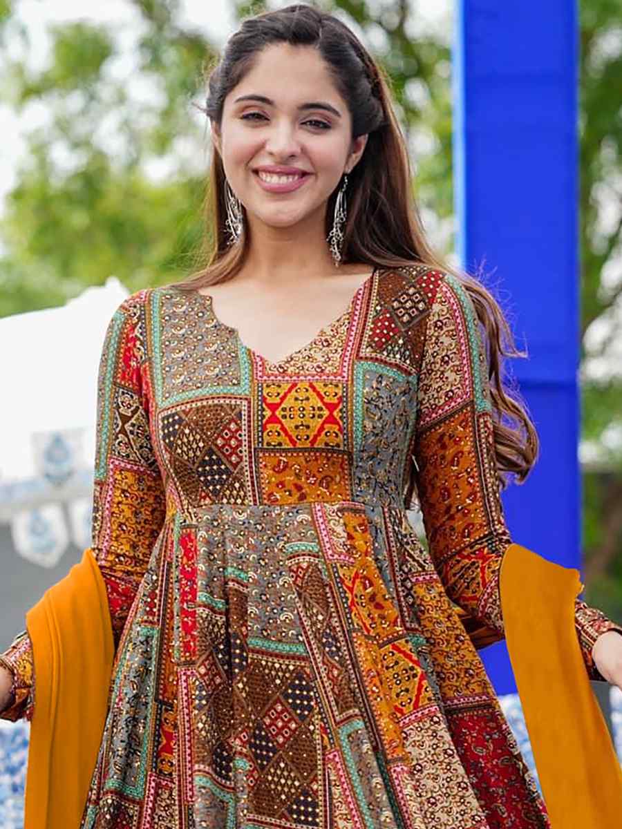 Multi Rayon Printed Festival Mehendi Gown