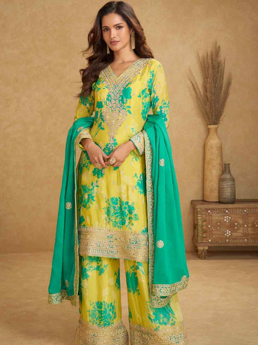Multi Real Chinon Embroidery Party Wedding Festival Casual Ready Palazzo Pant Salwar Kameez
