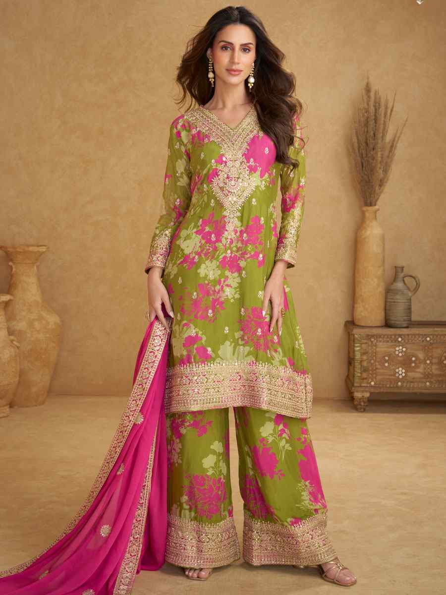 Multi Real Chinon Embroidery Party Wedding Festival Casual Ready Palazzo Pant Salwar Kameez
