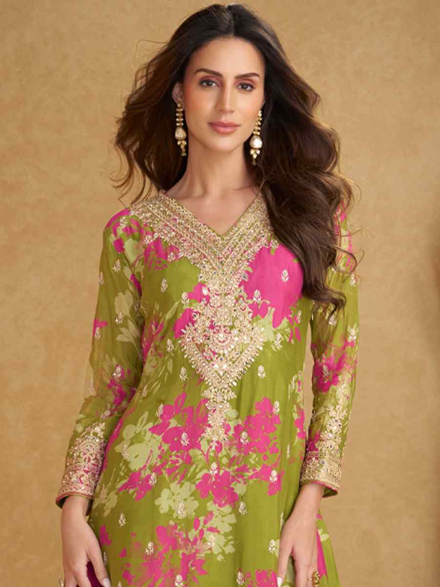 Multi Real Chinon Embroidery Party Wedding Festival Casual Ready Palazzo Pant Salwar Kameez