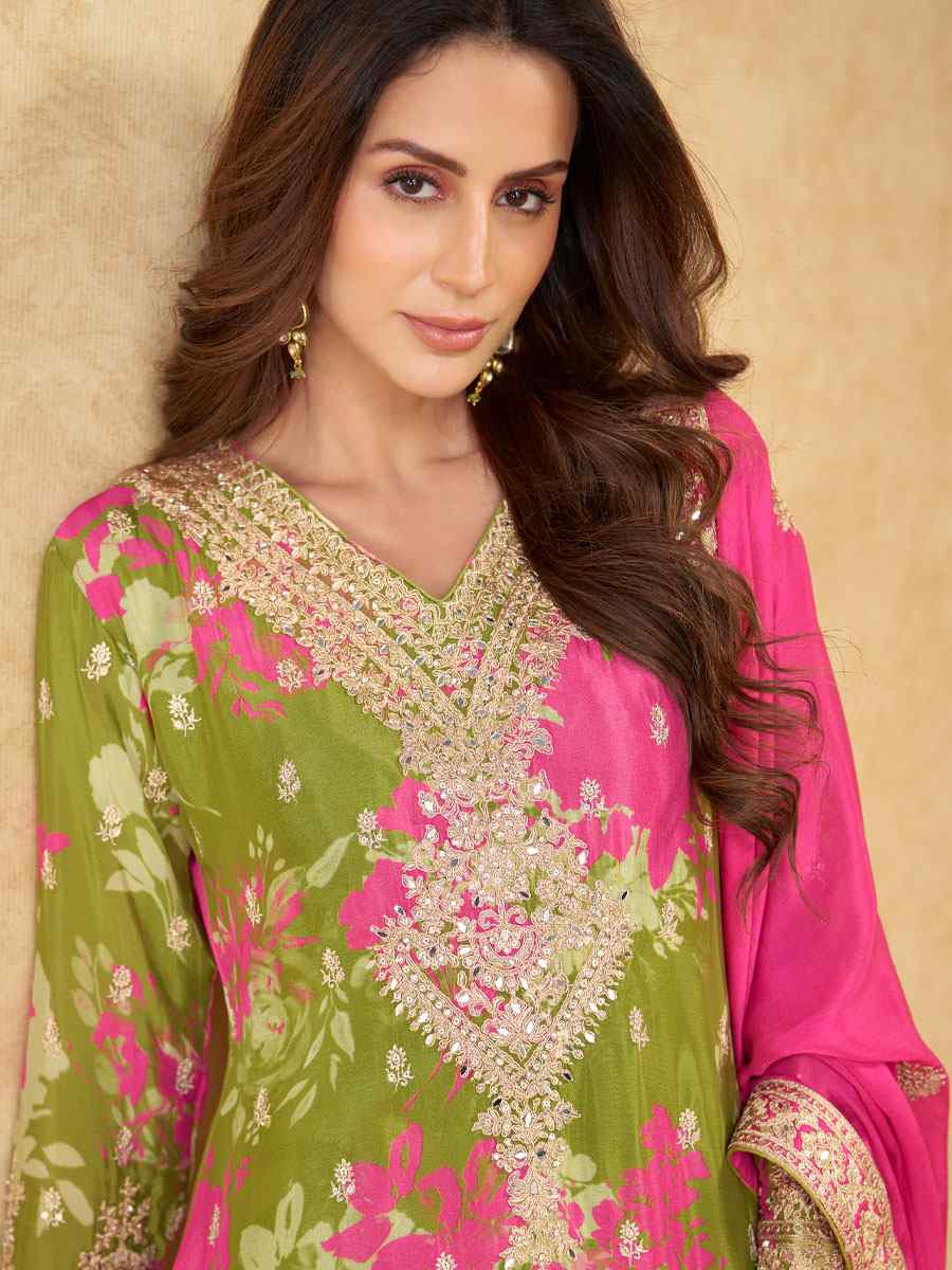 Multi Real Chinon Embroidery Party Wedding Festival Casual Ready Palazzo Pant Salwar Kameez