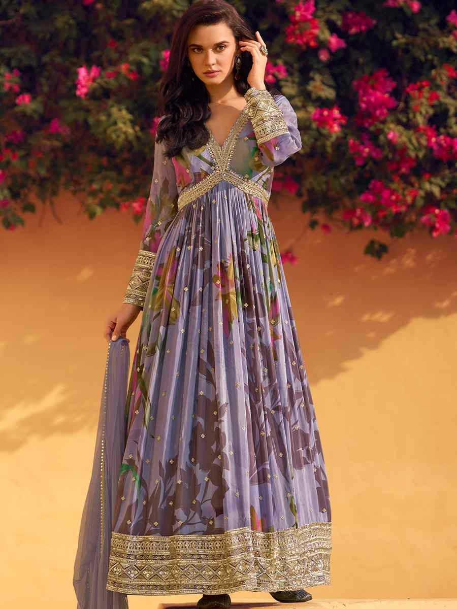 Multi Real Chinon Silk Printed And Embroidered Festival Casual Gown