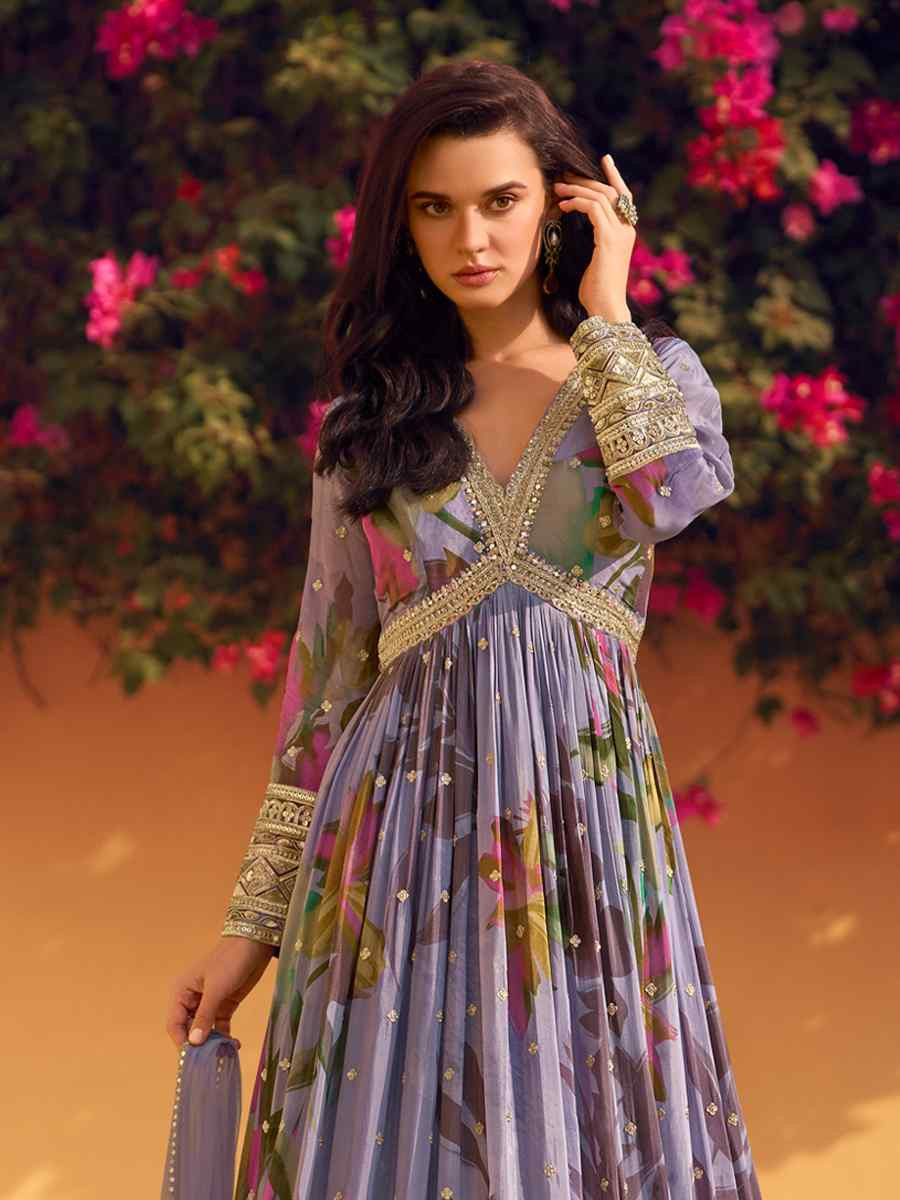Multi Real Chinon Silk Printed And Embroidered Festival Casual Gown