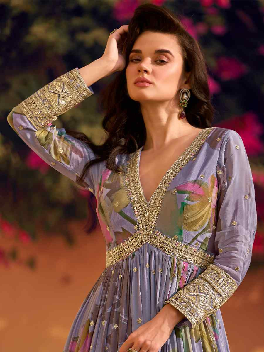 Multi Real Chinon Silk Printed And Embroidered Festival Casual Gown