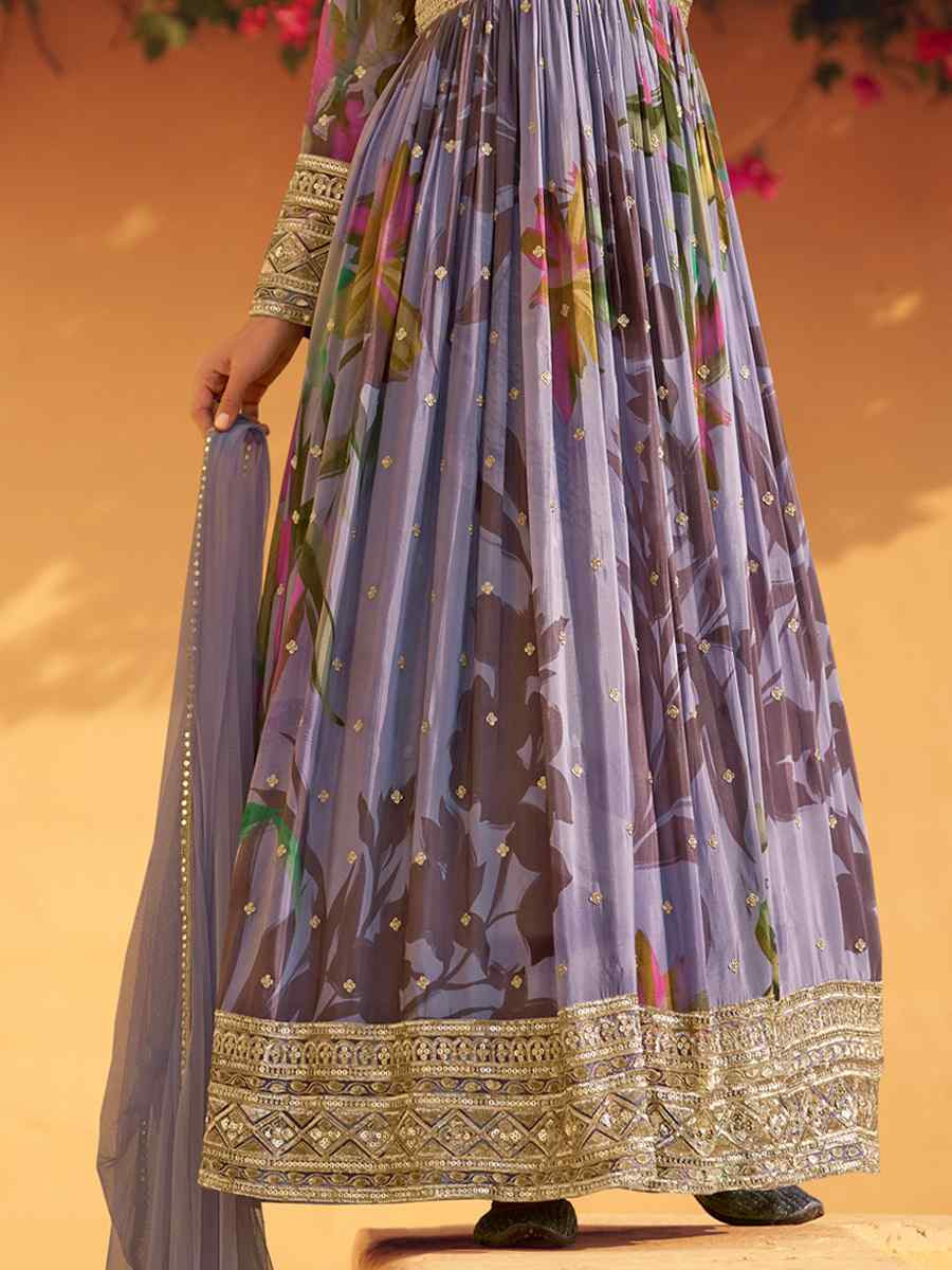 Multi Real Chinon Silk Printed And Embroidered Festival Casual Gown
