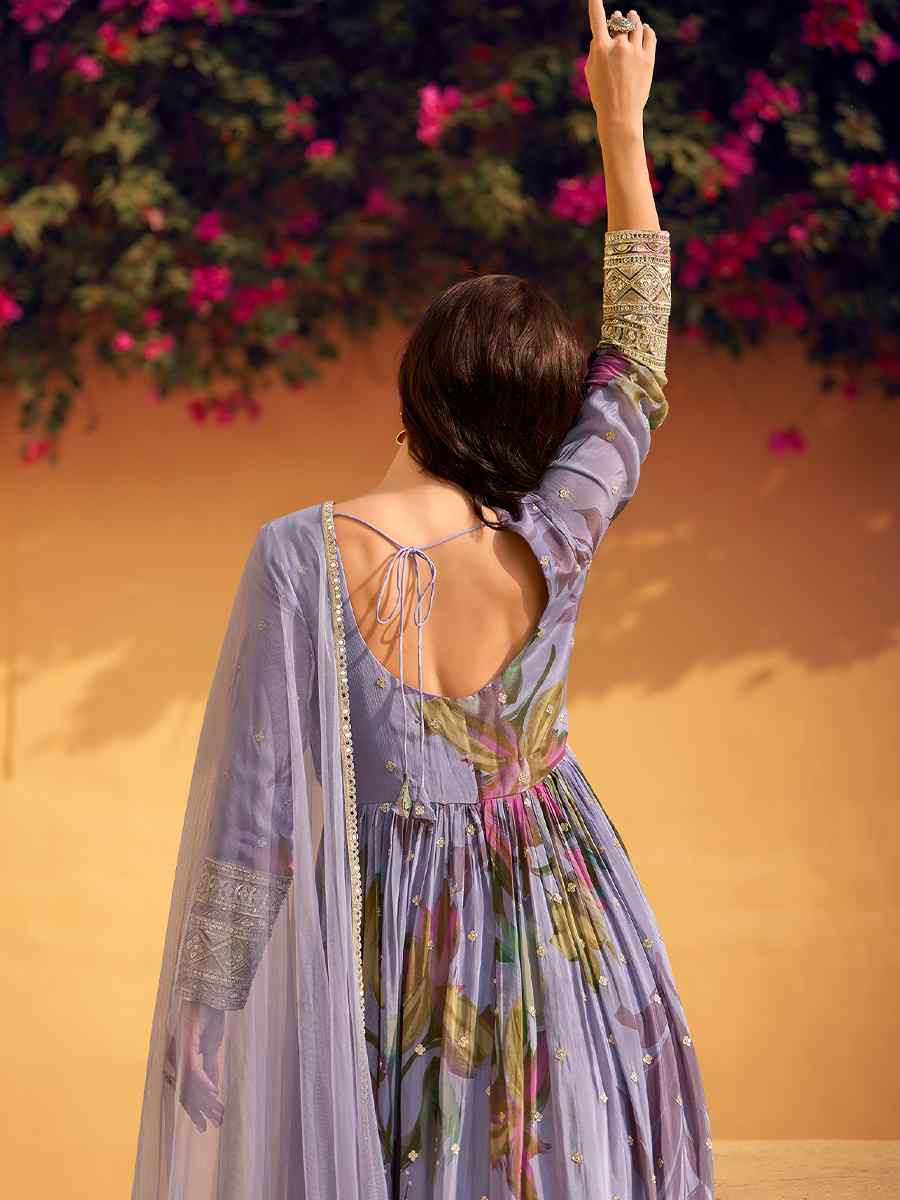 Multi Real Chinon Silk Printed And Embroidered Festival Casual Gown