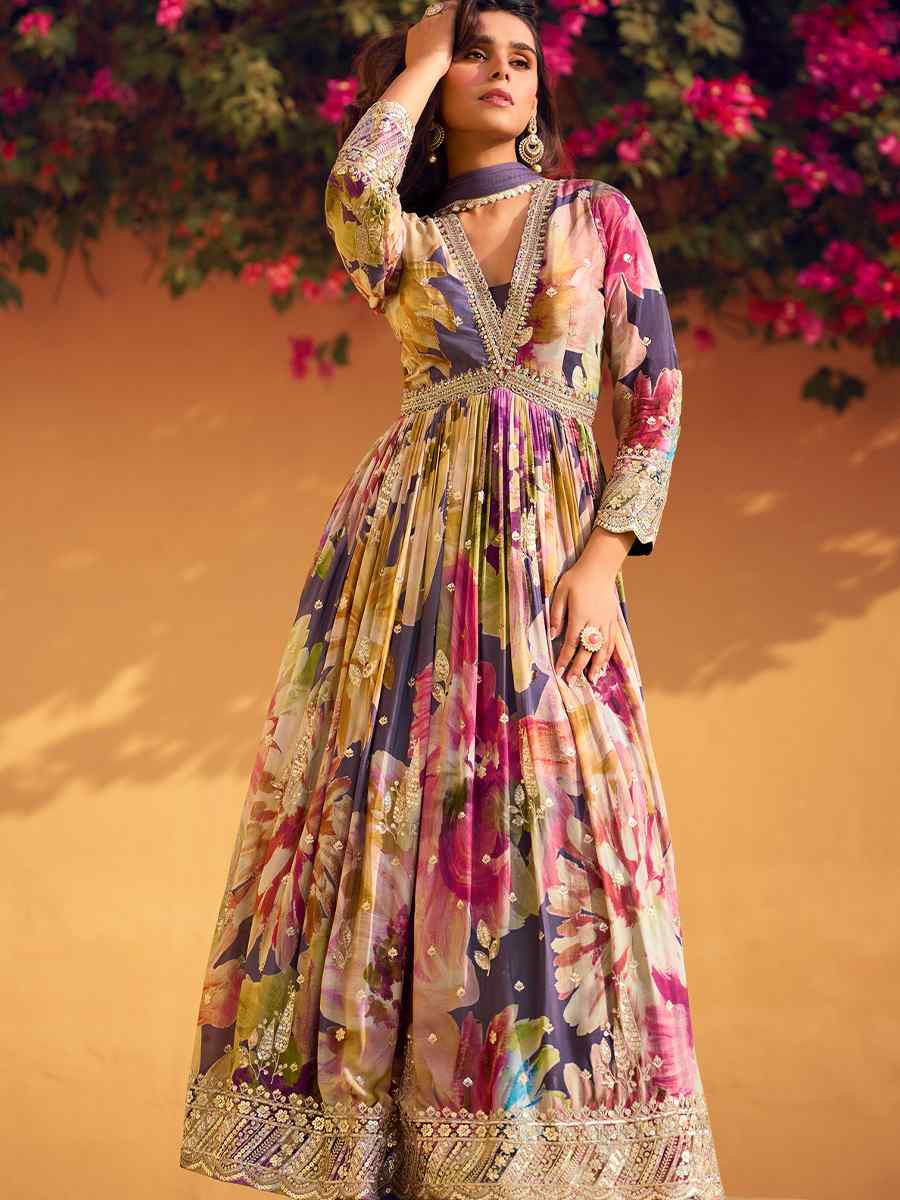 Multi Real Chinon Silk Printed And Embroidered Festival Casual Gown
