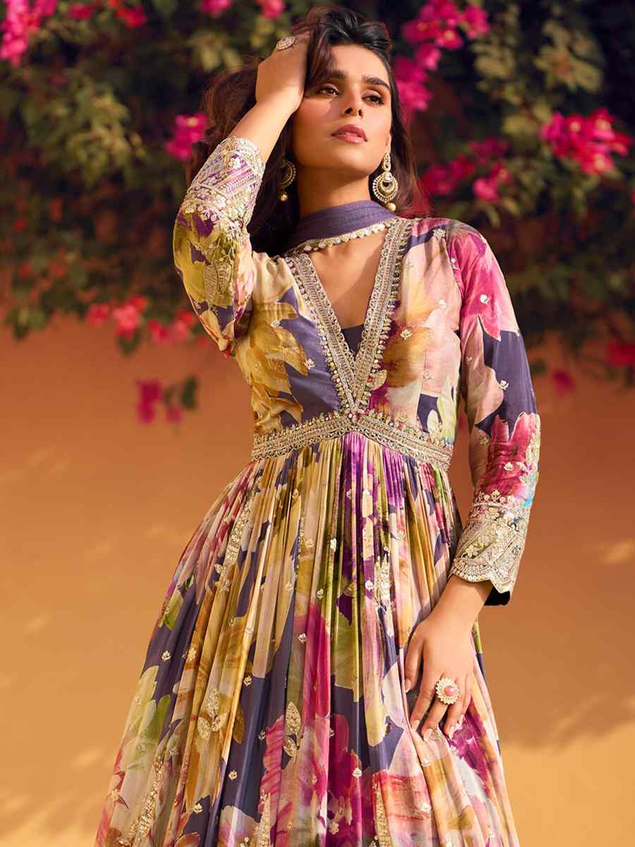 Multi Real Chinon Silk Printed And Embroidered Festival Casual Gown