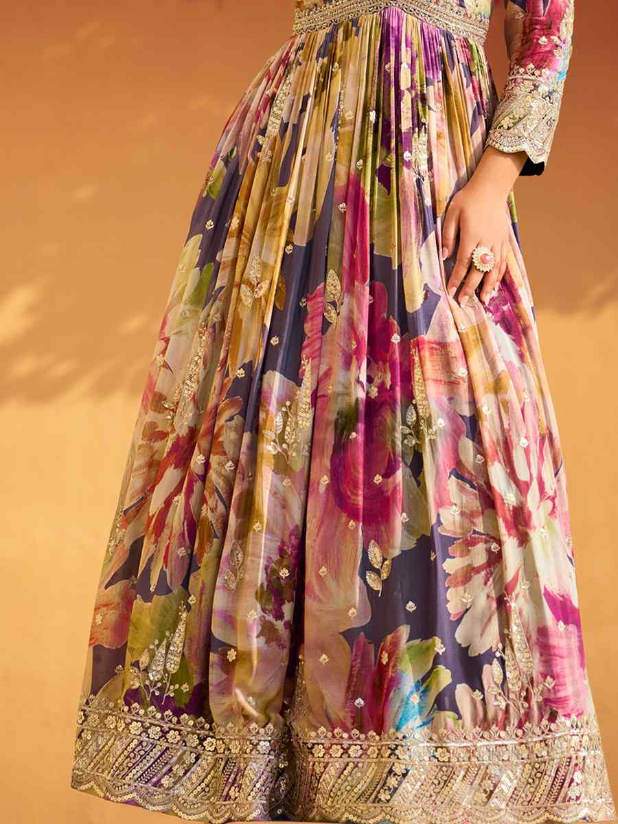 Multi Real Chinon Silk Printed And Embroidered Festival Casual Gown