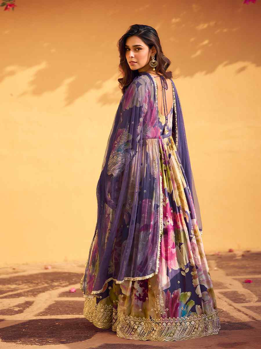 Multi Real Chinon Silk Printed And Embroidered Festival Casual Gown