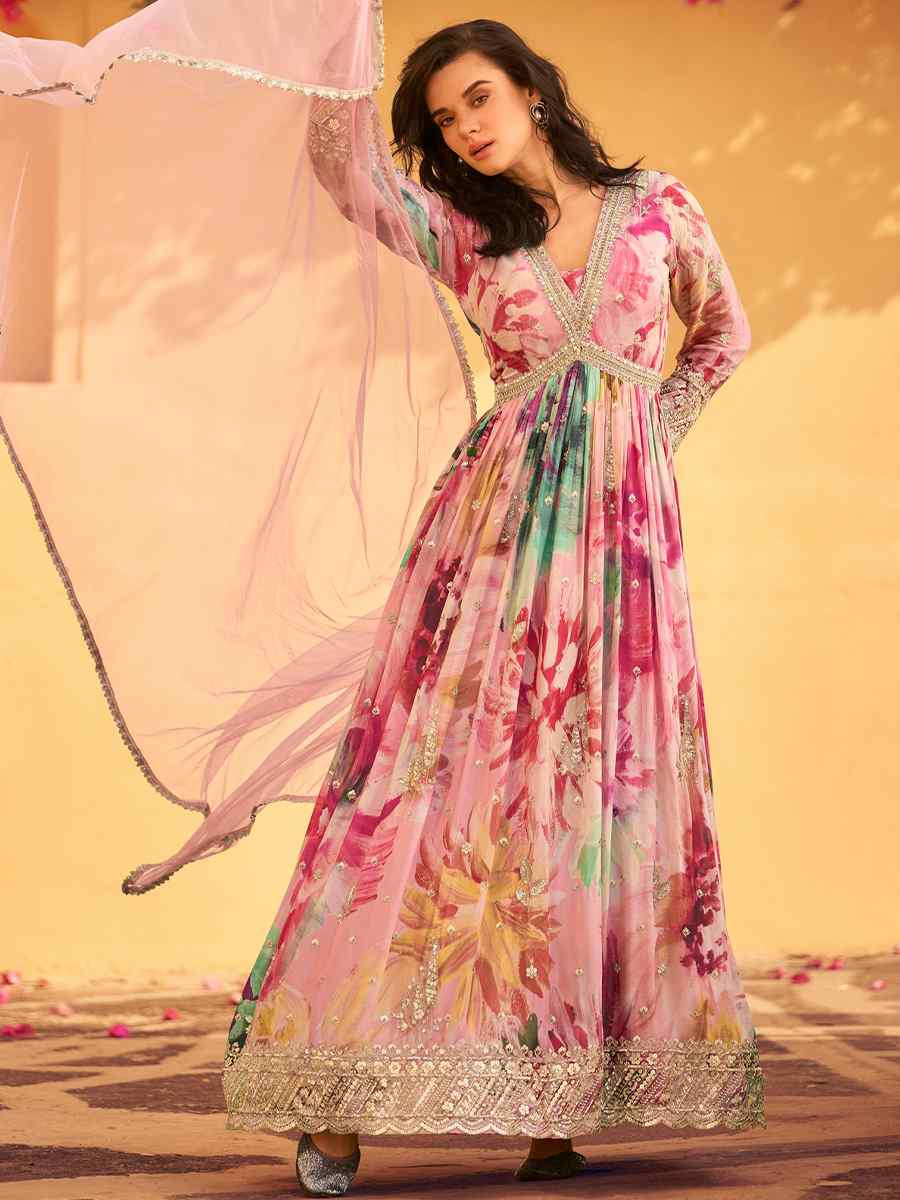 Multi Real Chinon Silk Printed And Embroidered Festival Casual Gown