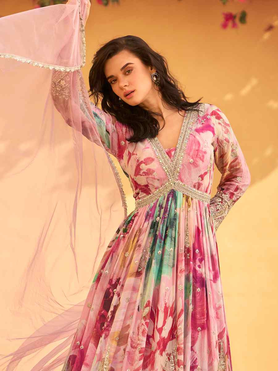 Multi Real Chinon Silk Printed And Embroidered Festival Casual Gown