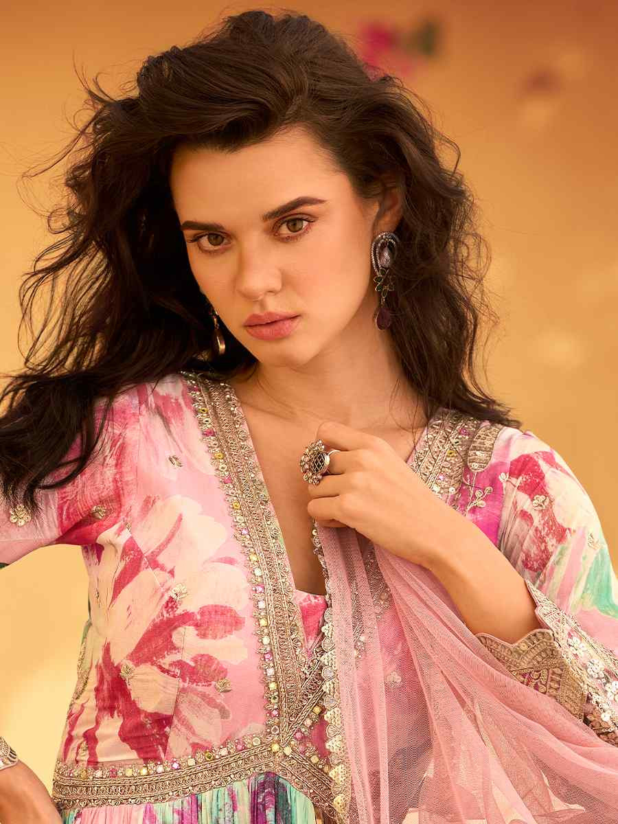 Multi Real Chinon Silk Printed And Embroidered Festival Casual Gown