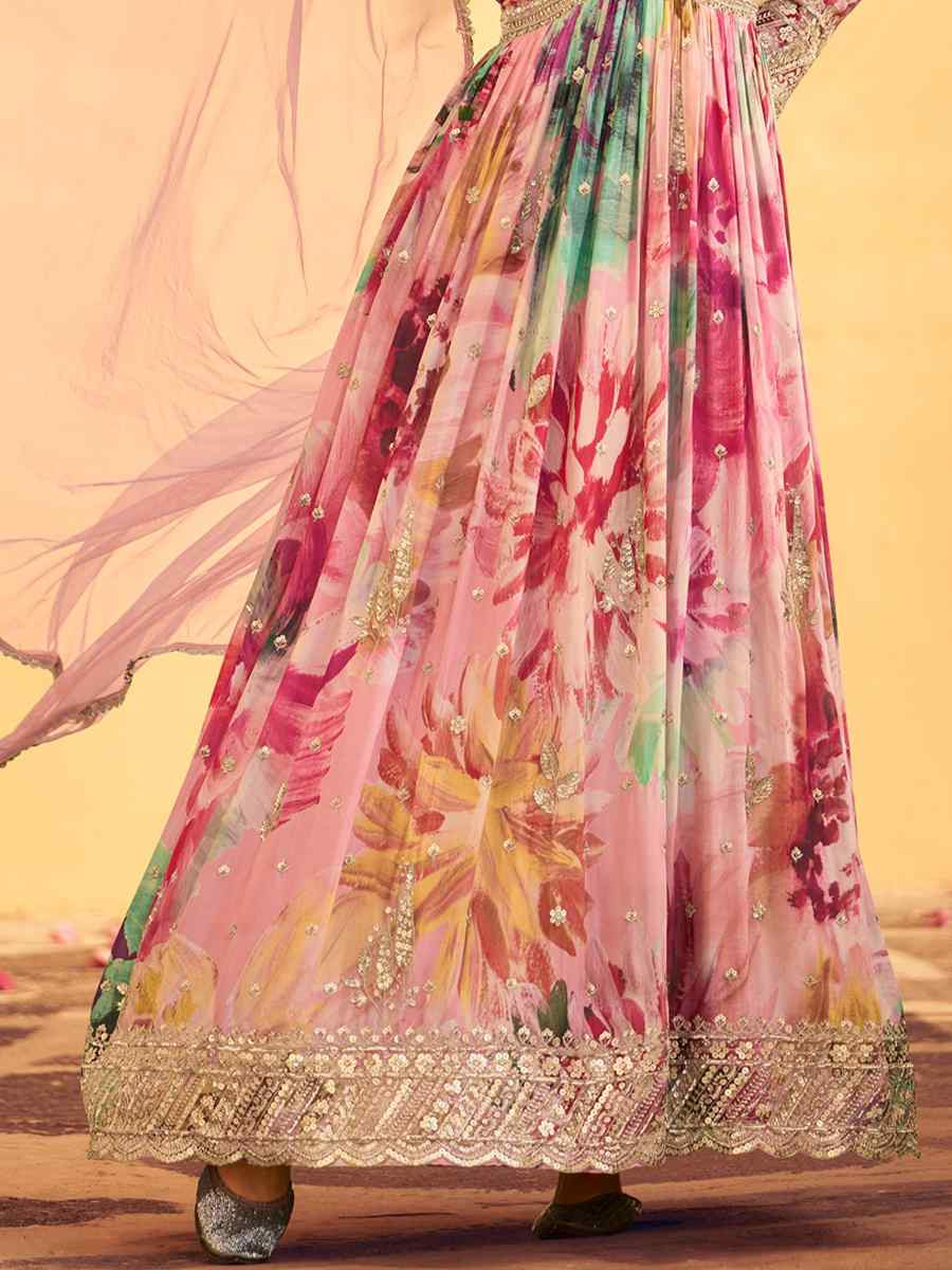 Multi Real Chinon Silk Printed And Embroidered Festival Casual Gown