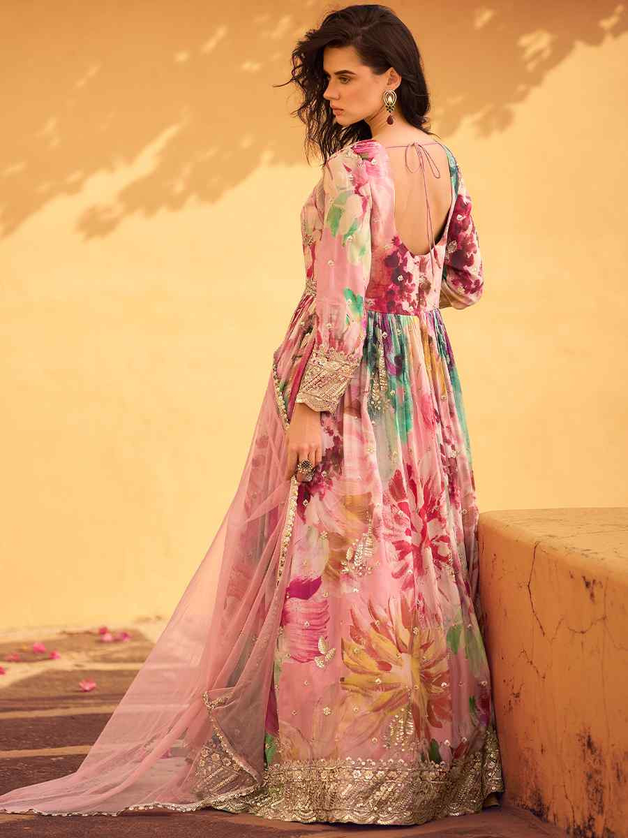 Multi Real Chinon Silk Printed And Embroidered Festival Casual Gown