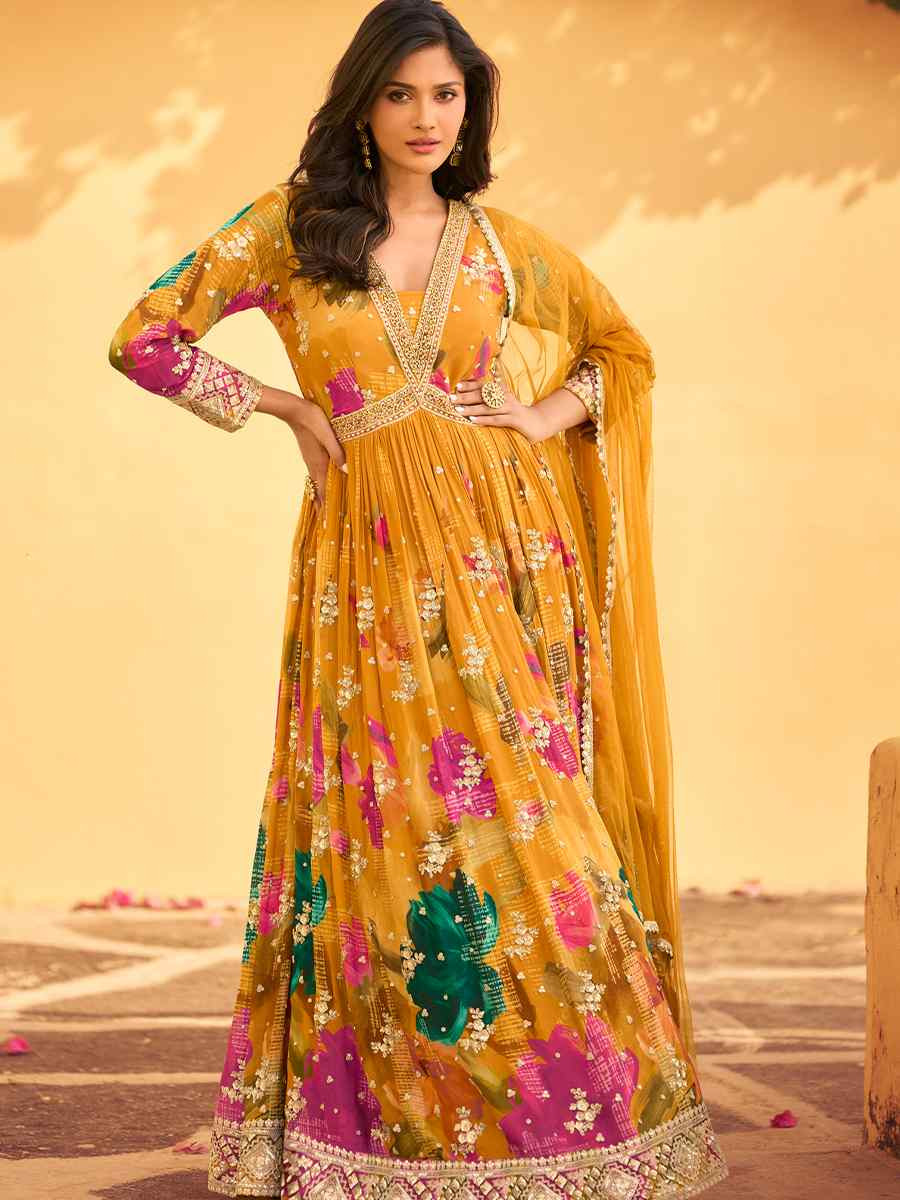 Multi Real Chinon Silk Printed And Embroidered Festival Casual Gown