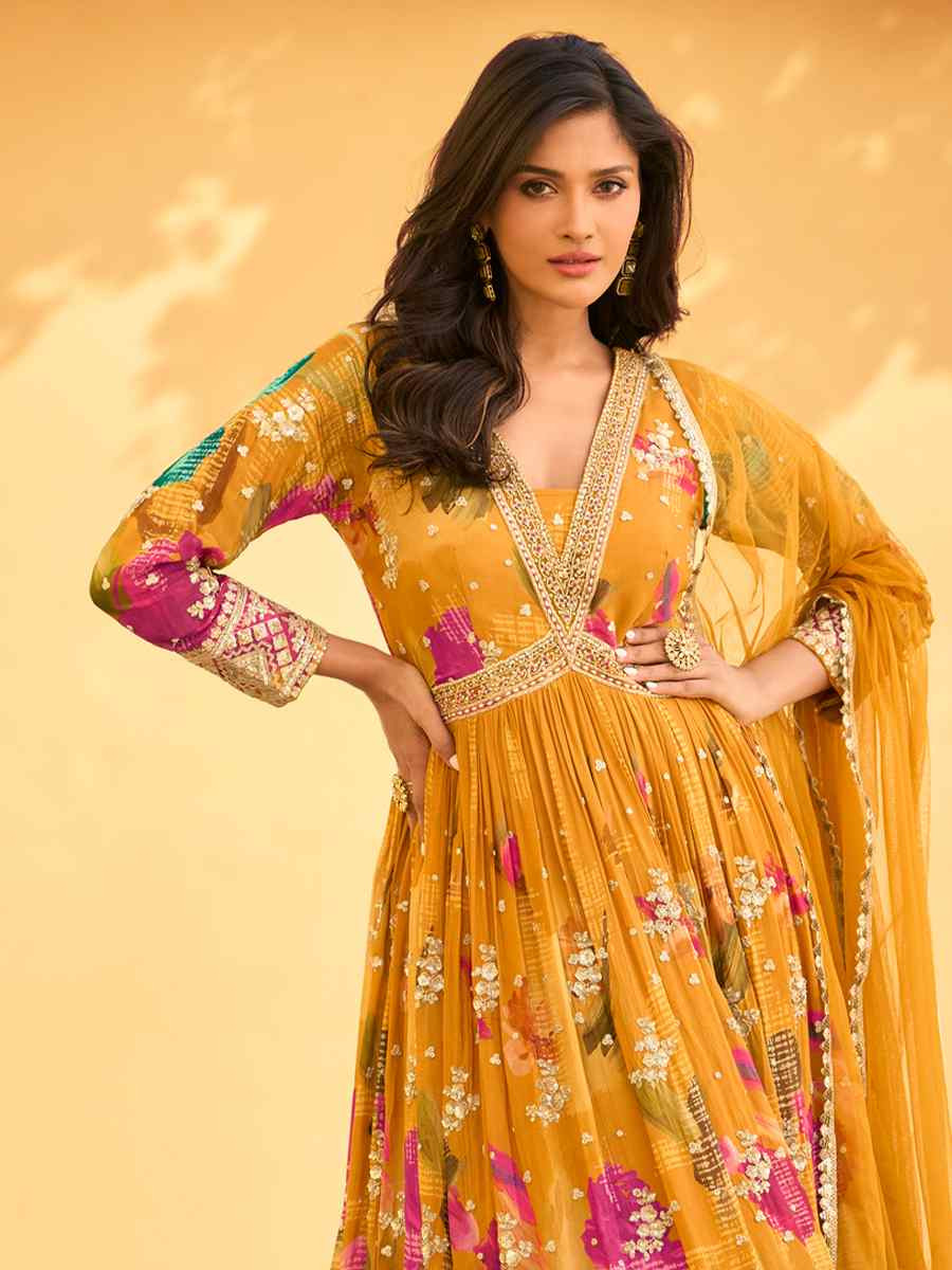 Multi Real Chinon Silk Printed And Embroidered Festival Casual Gown