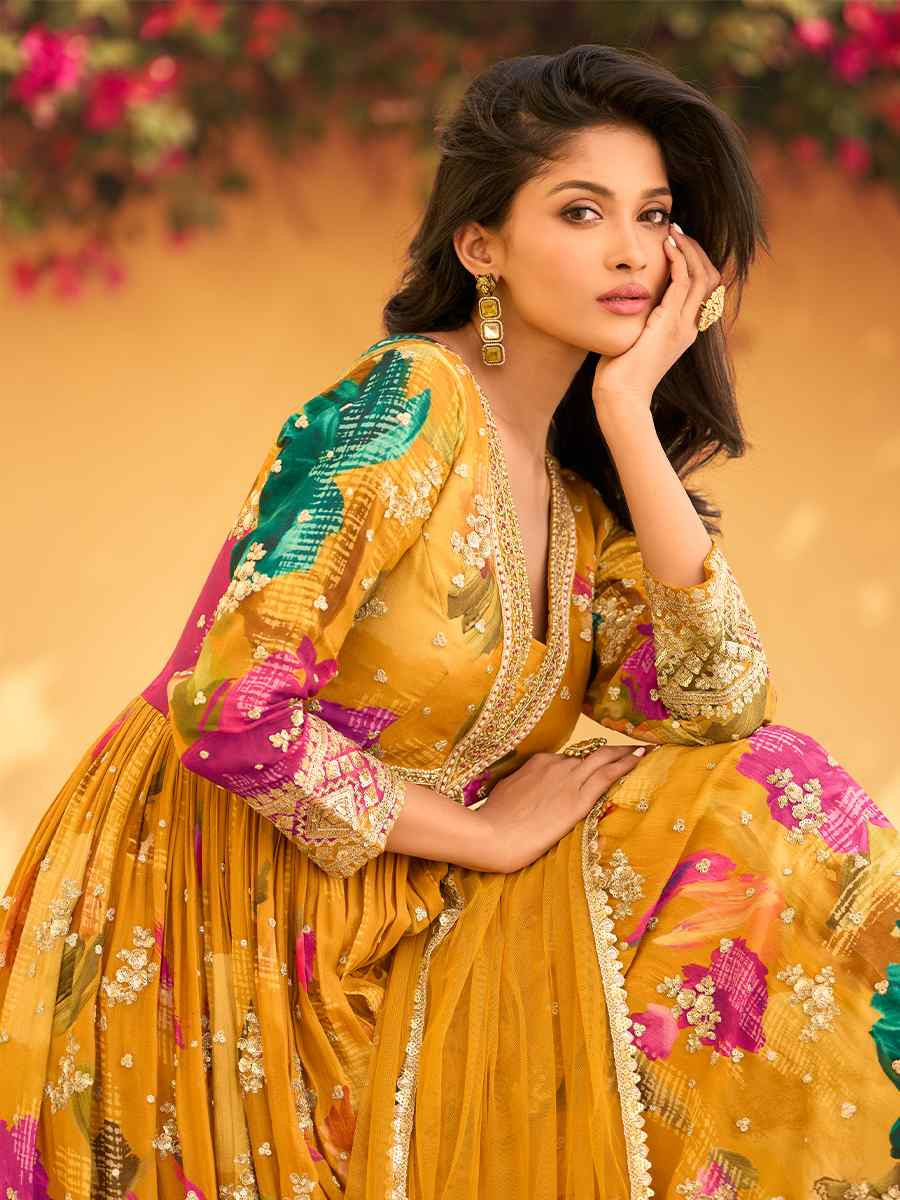 Multi Real Chinon Silk Printed And Embroidered Festival Casual Gown