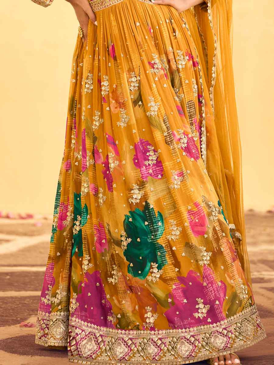 Multi Real Chinon Silk Printed And Embroidered Festival Casual Gown