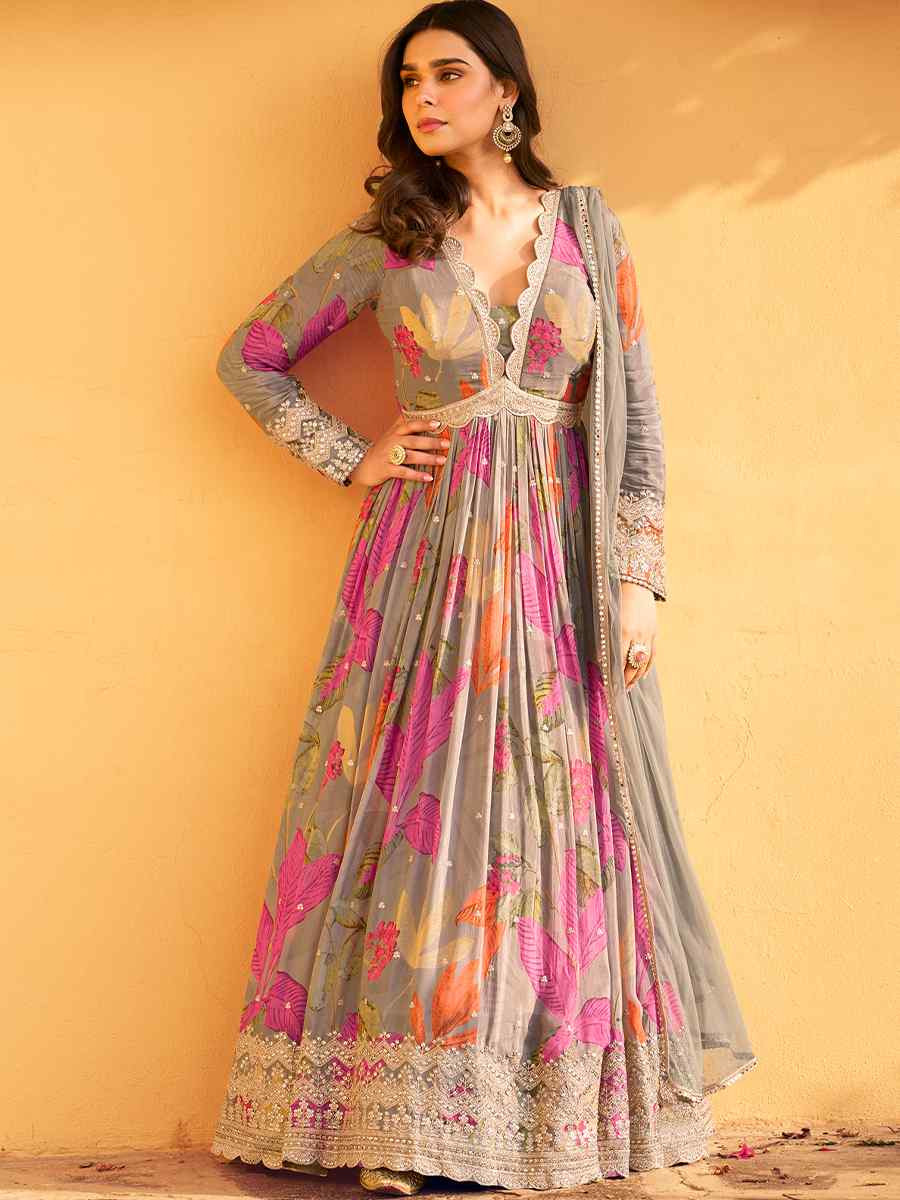 Multi Real Chinon Silk Printed And Embroidered Festival Casual Gown
