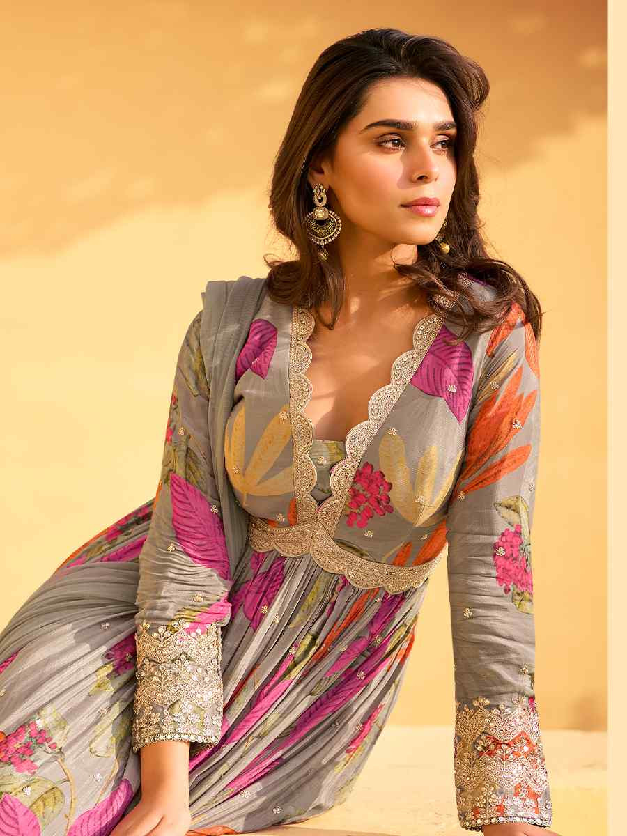 Multi Real Chinon Silk Printed And Embroidered Festival Casual Gown