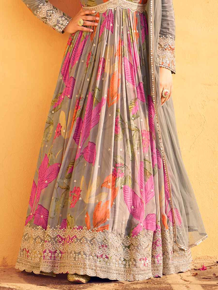 Multi Real Chinon Silk Printed And Embroidered Festival Casual Gown