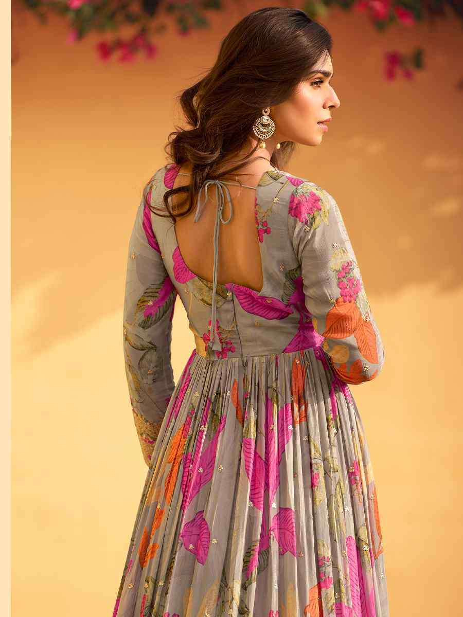Multi Real Chinon Silk Printed And Embroidered Festival Casual Gown