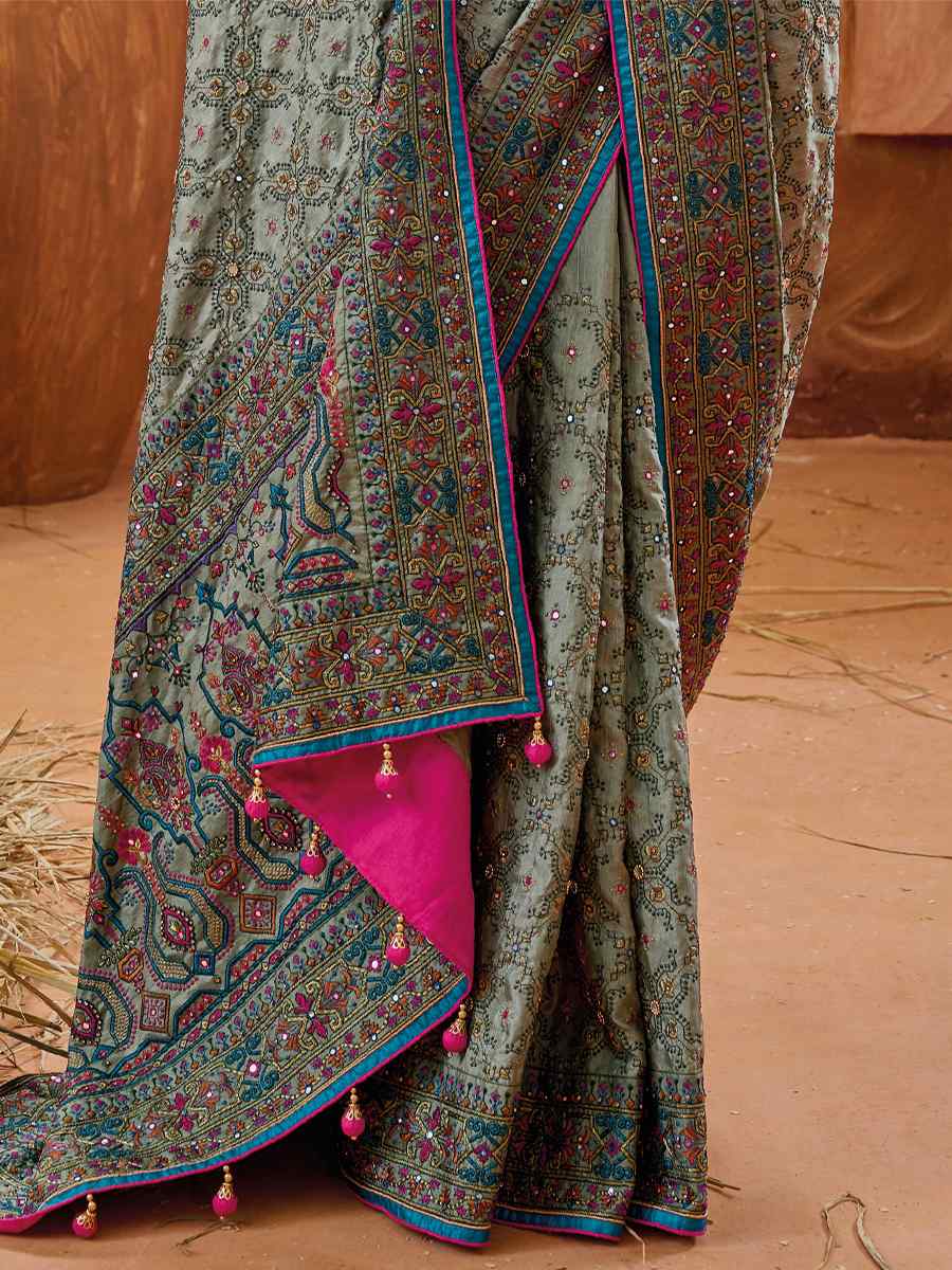 Multi Real Silk Embroidered Wedding Festival Heavy Border Saree