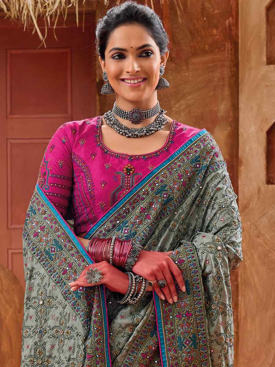 Multi Real Silk Embroidered Wedding Festival Heavy Border Saree