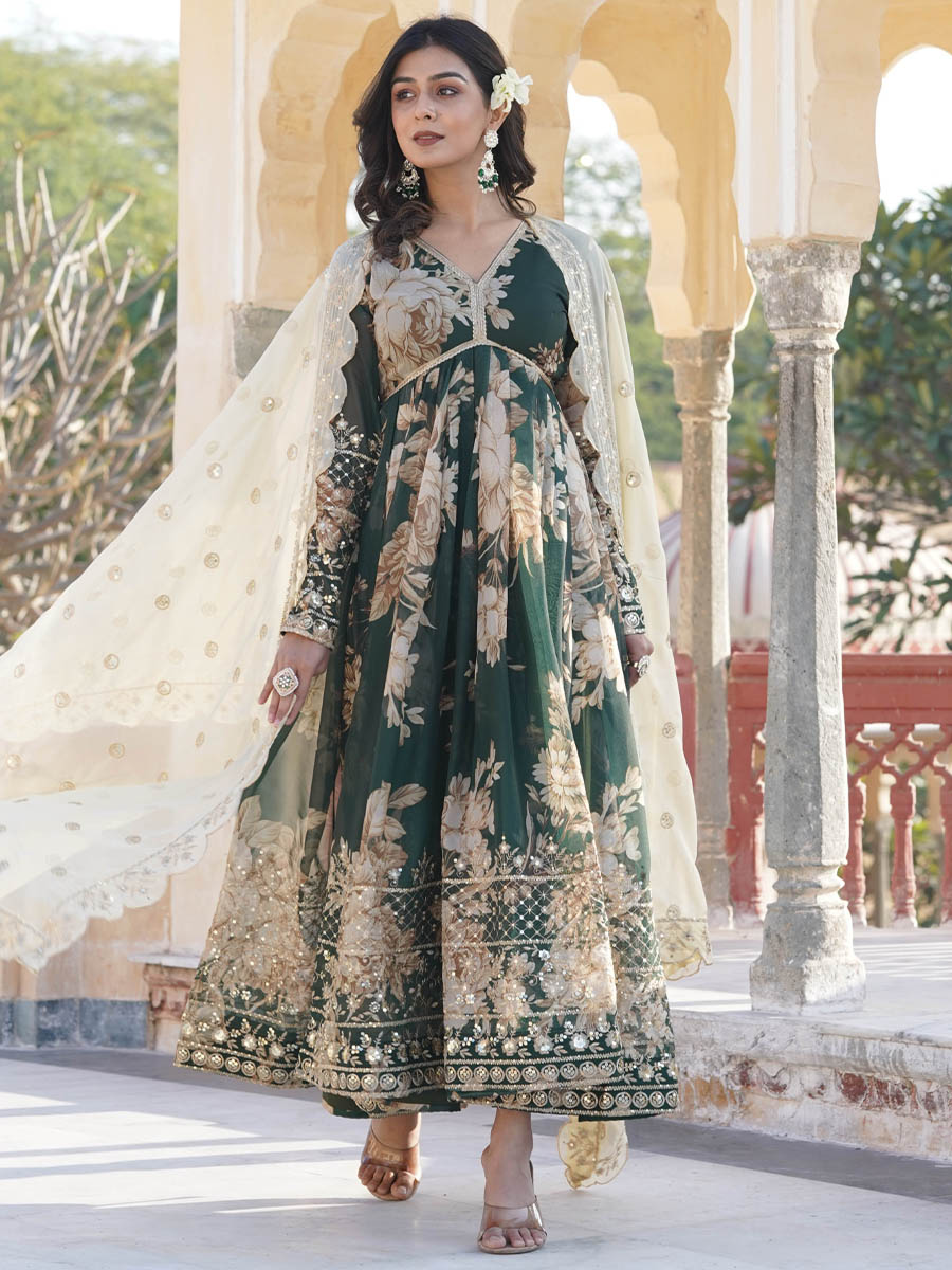 Multi Russian Silk Embroidered Festival Party Gown