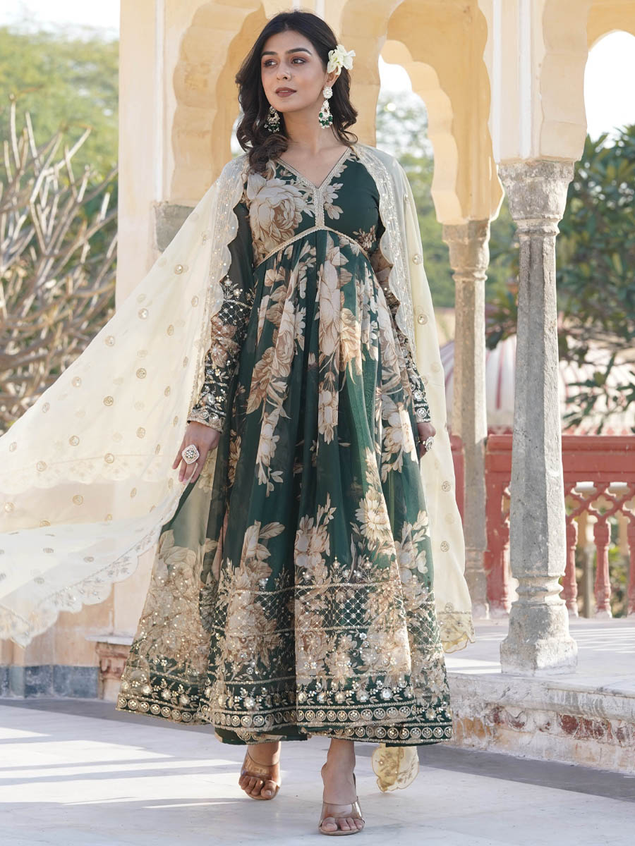 Multi Russian Silk Embroidered Festival Party Gown