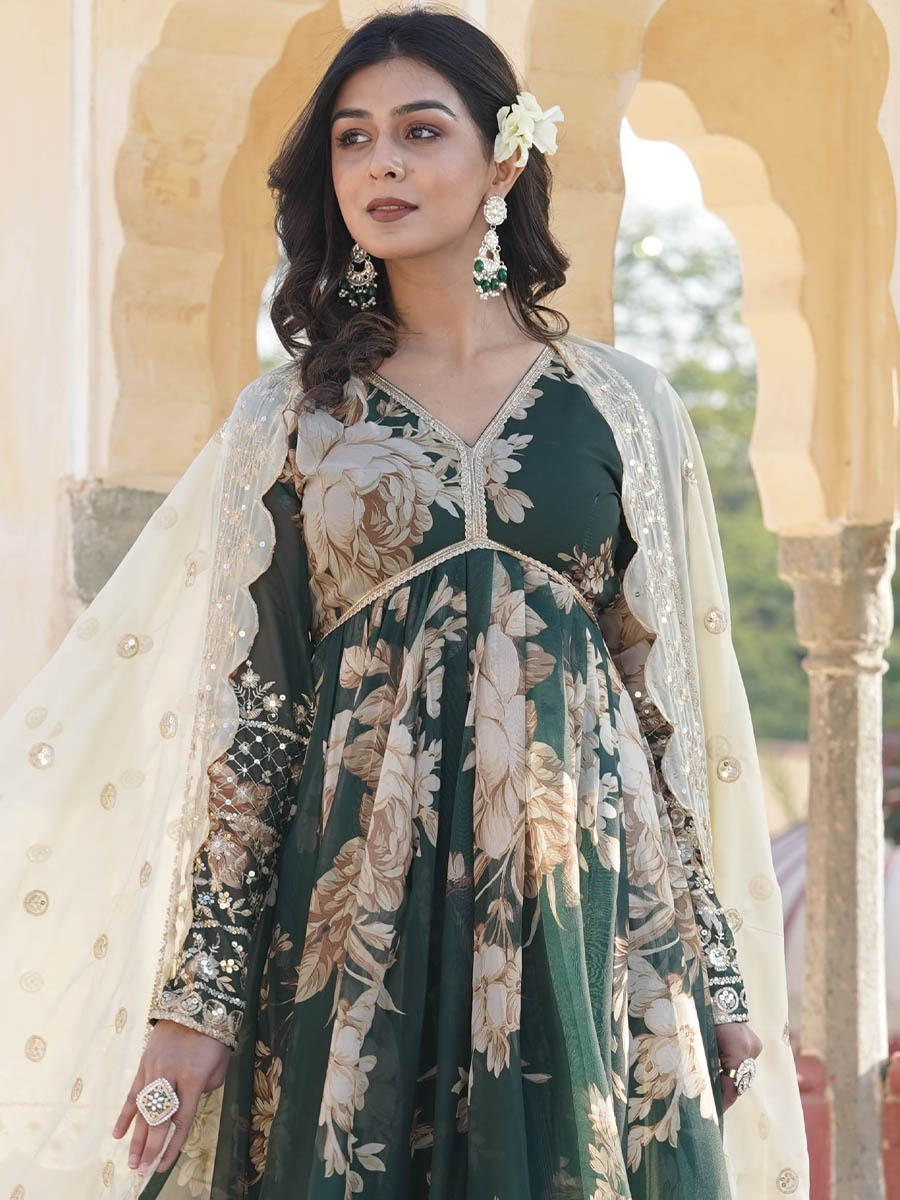 Multi Russian Silk Embroidered Festival Party Gown