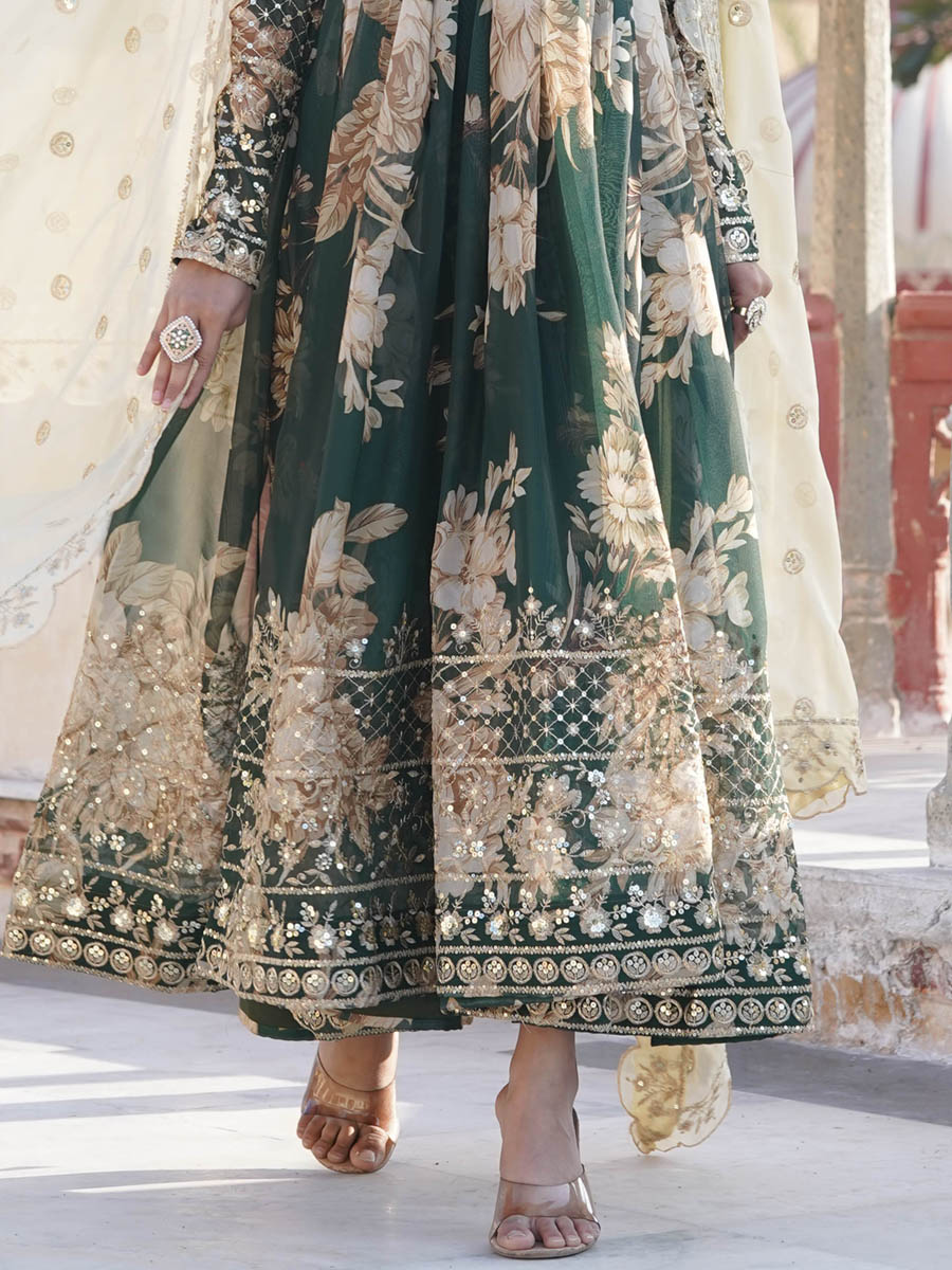 Multi Russian Silk Embroidered Festival Party Gown