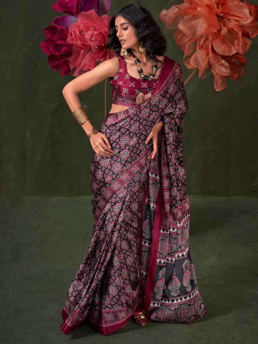 Multi Satin Crape With Modern Touch Ajrakh Print Festival Wedding Fancy Heavy Border Saree