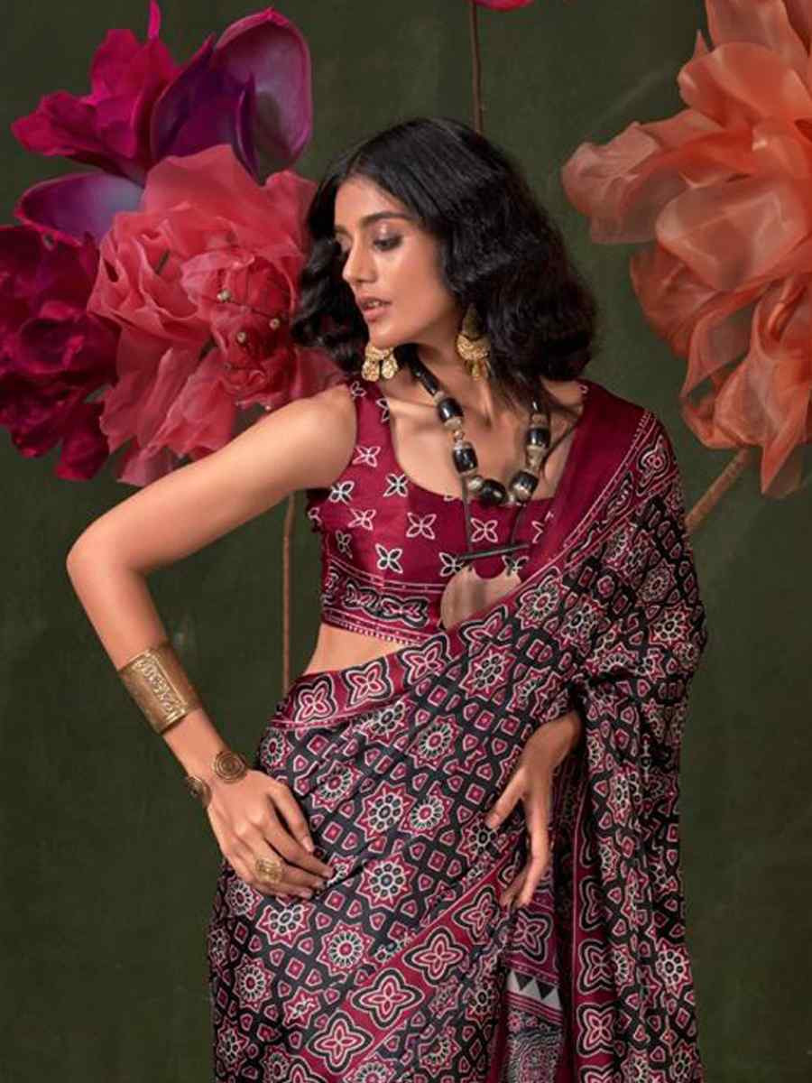 Multi Satin Crape With Modern Touch Ajrakh Print Festival Wedding Fancy Heavy Border Saree
