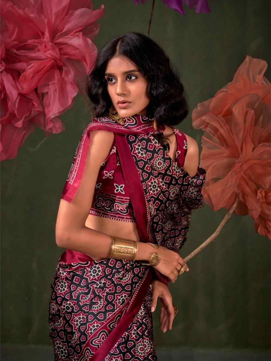 Multi Satin Crape With Modern Touch Ajrakh Print Festival Wedding Fancy Heavy Border Saree