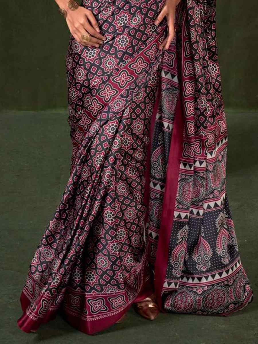 Multi Satin Crape With Modern Touch Ajrakh Print Festival Wedding Fancy Heavy Border Saree