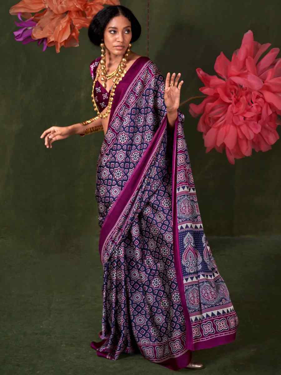 Multi Satin Crape With Modern Touch Ajrakh Print Festival Wedding Fancy Heavy Border Saree