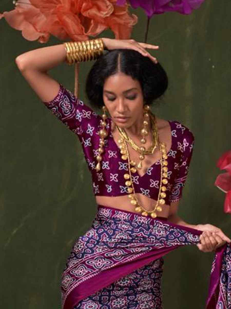 Multi Satin Crape With Modern Touch Ajrakh Print Festival Wedding Fancy Heavy Border Saree