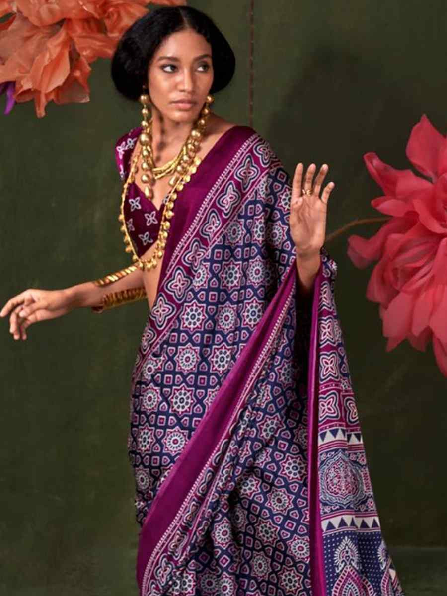 Multi Satin Crape With Modern Touch Ajrakh Print Festival Wedding Fancy Heavy Border Saree