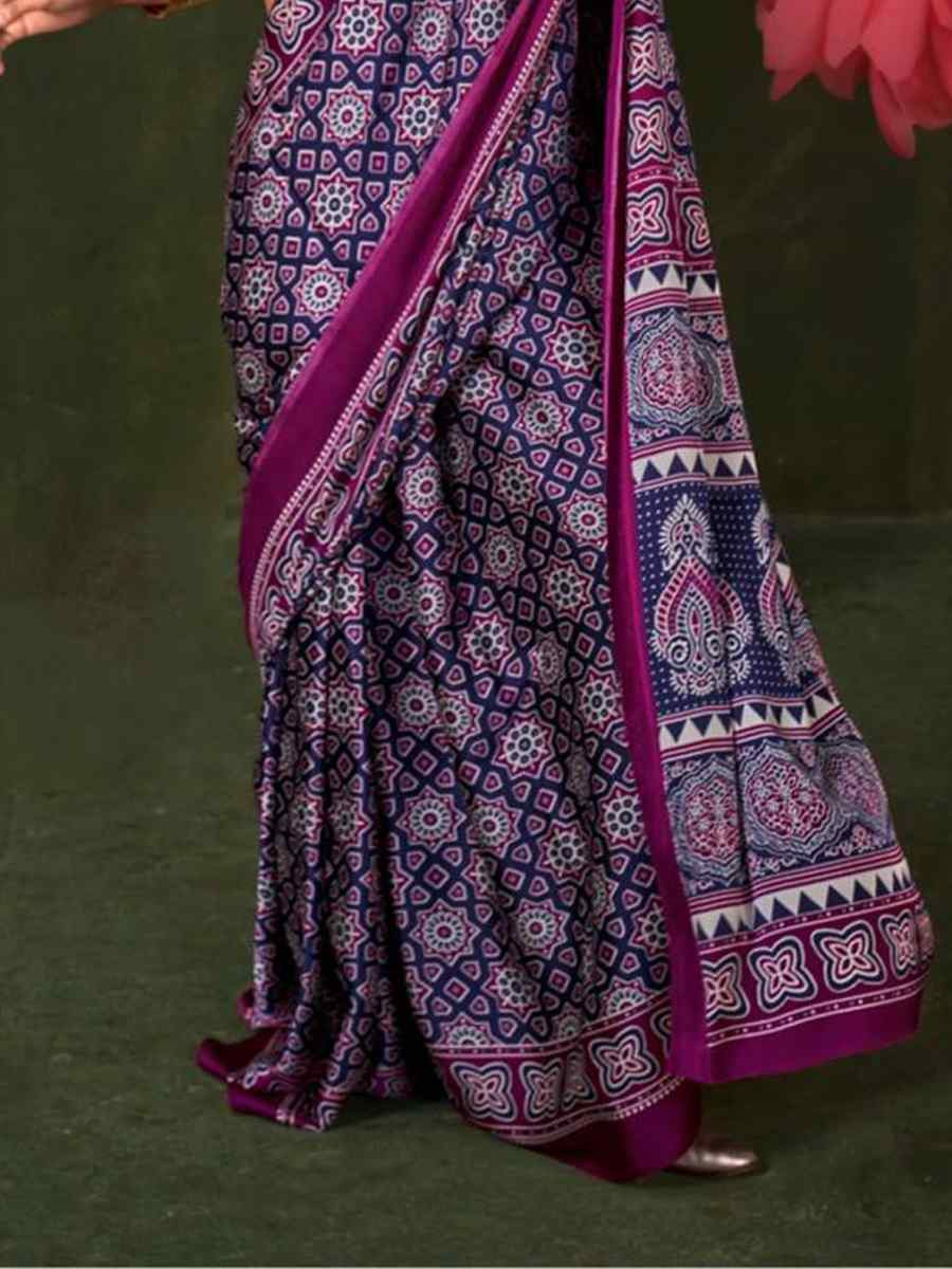 Multi Satin Crape With Modern Touch Ajrakh Print Festival Wedding Fancy Heavy Border Saree