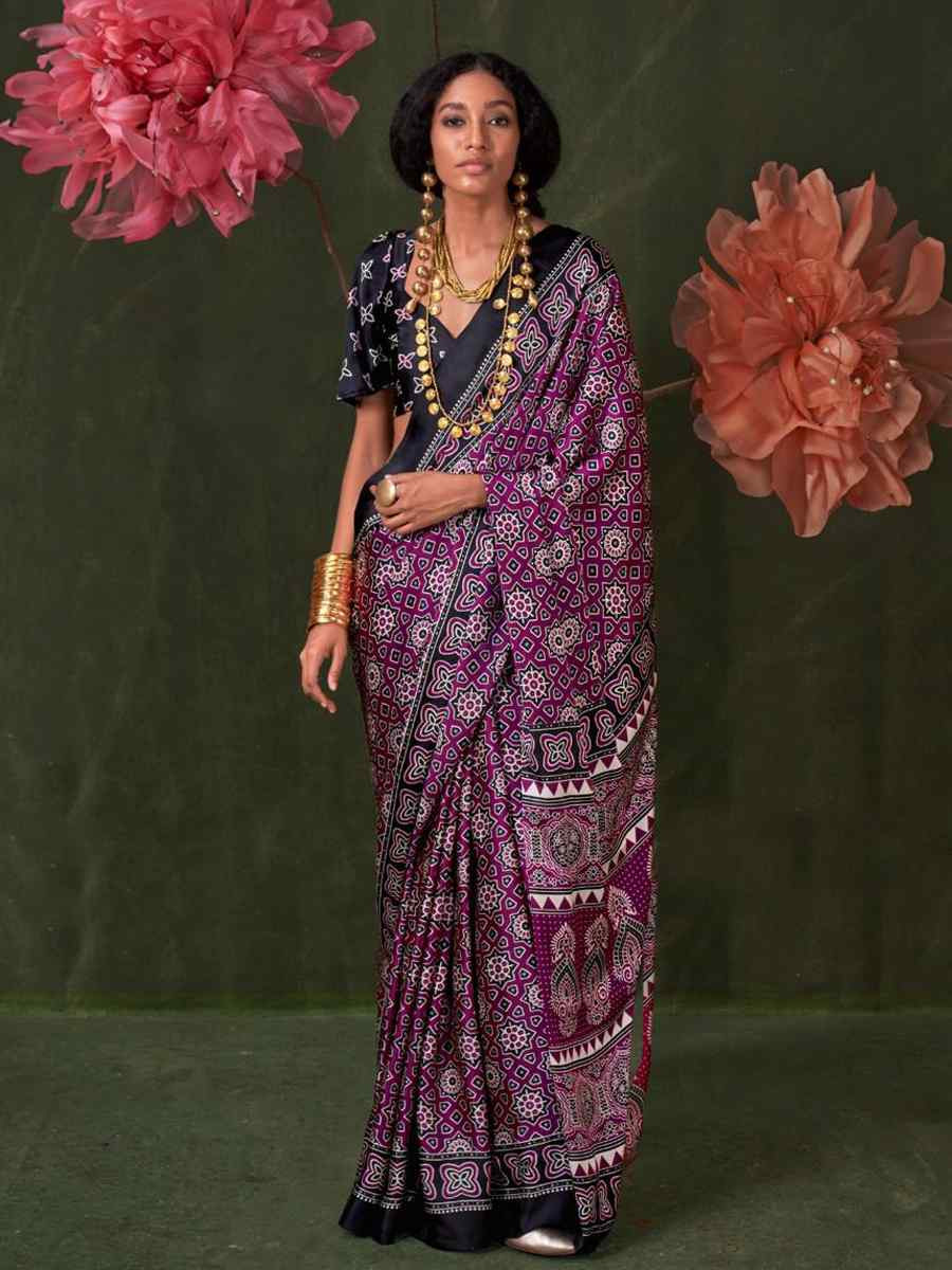 Multi Satin Crape With Modern Touch Ajrakh Print Festival Wedding Fancy Heavy Border Saree