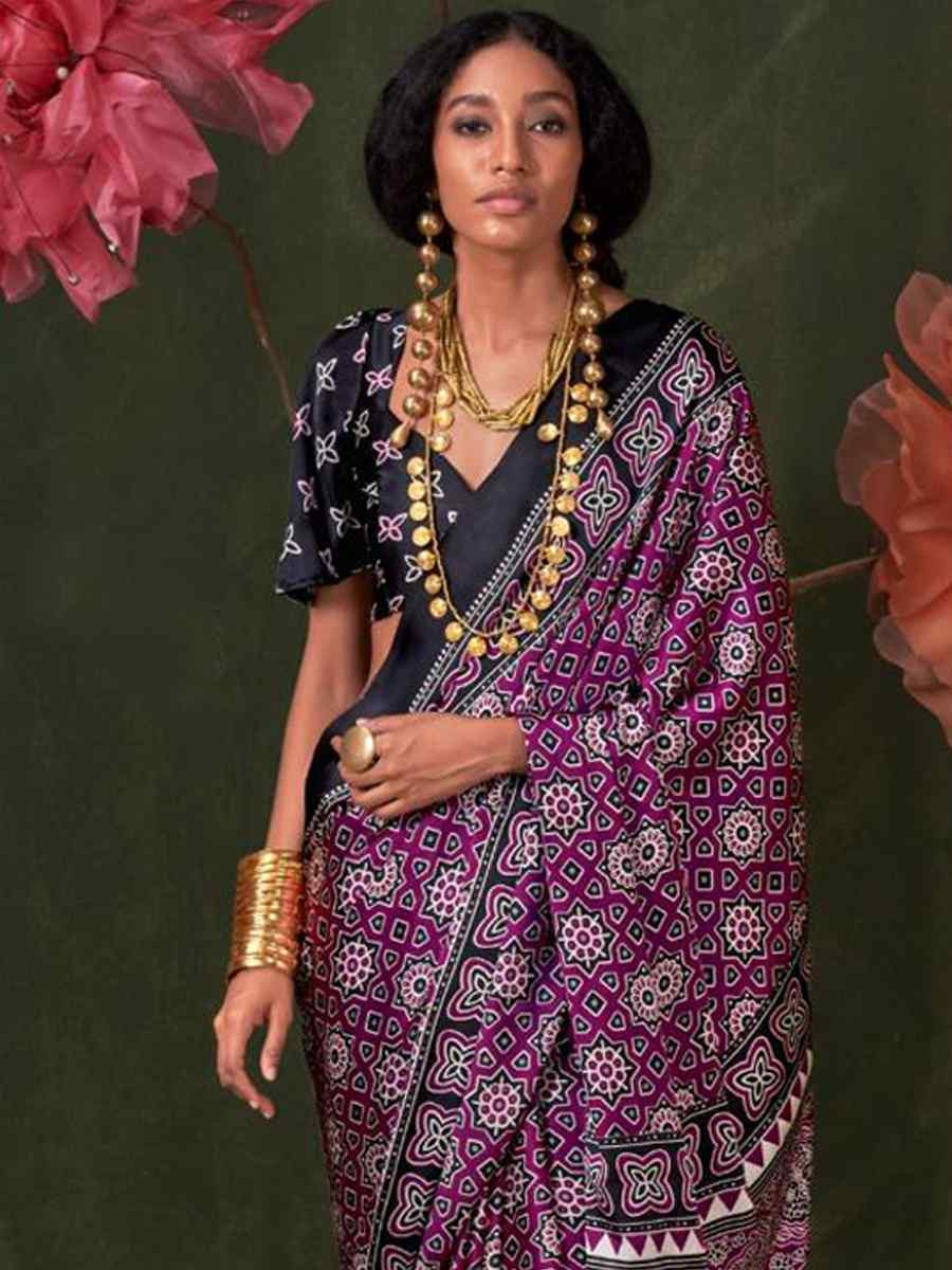 Multi Satin Crape With Modern Touch Ajrakh Print Festival Wedding Fancy Heavy Border Saree