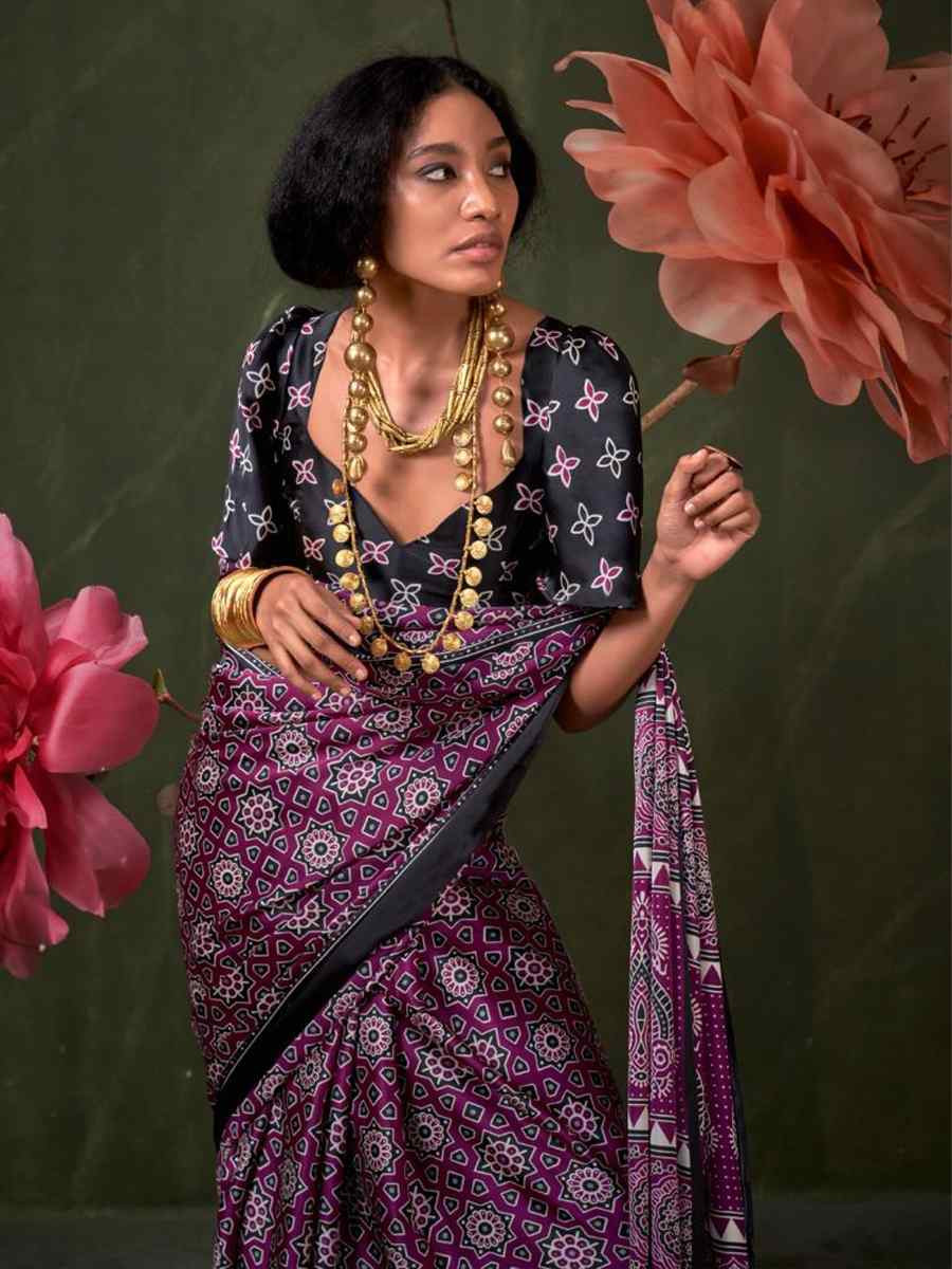 Multi Satin Crape With Modern Touch Ajrakh Print Festival Wedding Fancy Heavy Border Saree